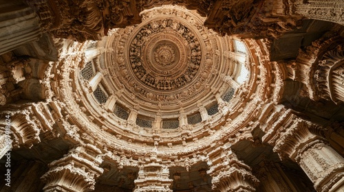 Detailed view of the intricately designed ceiling of a traditional Indian temple mandapa.