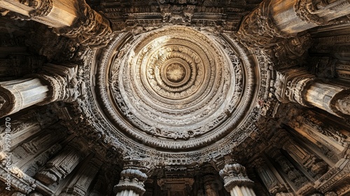Detailed view of the intricately designed ceiling of a traditional Indian temple mandapa.