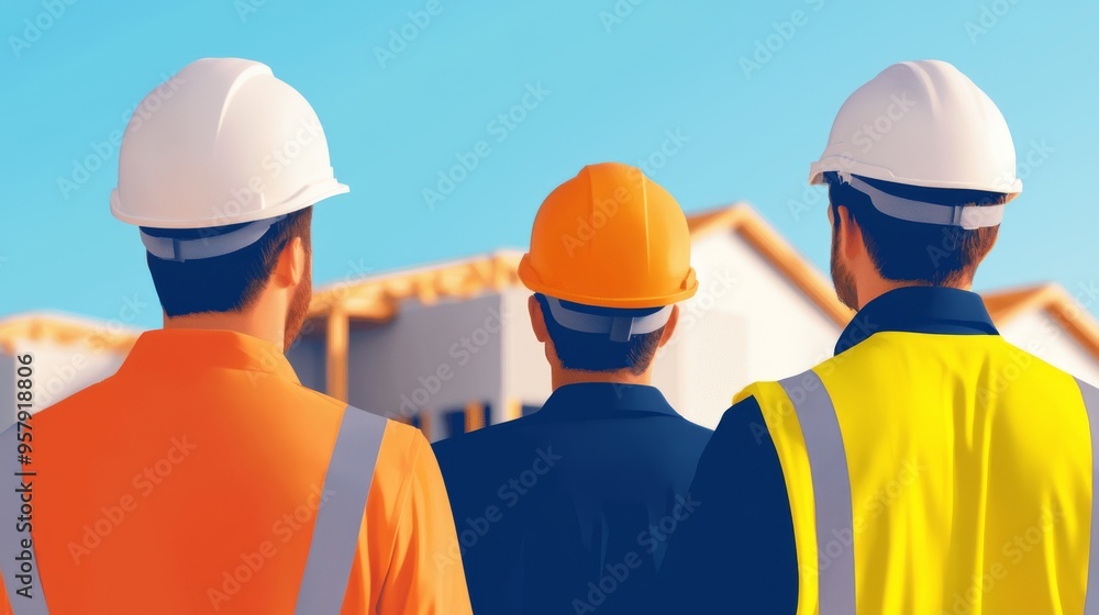 Construction Workers Looking at New Home Framing Construction Workers Looking at New Home Framing