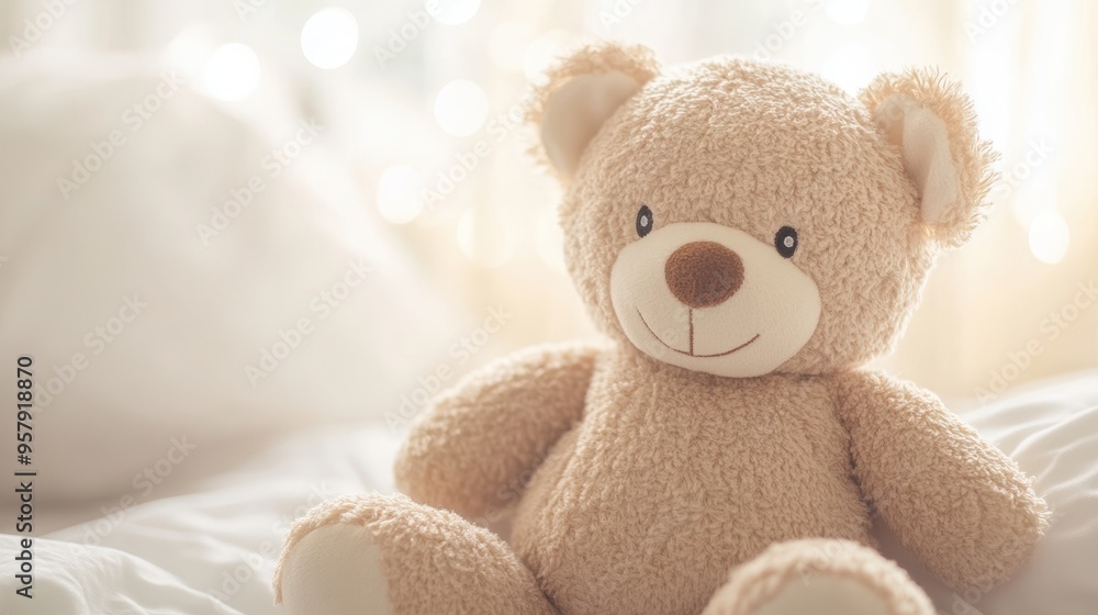 A fluffy beige teddy bear sits comfortably on a bed, bathed in soft, warm sunlight, creating a cozy atmosphere. A fluffy beige teddy bear sits comfortably on a bed, bathed in soft, warm sunlight, creating a cozy atmosphere.