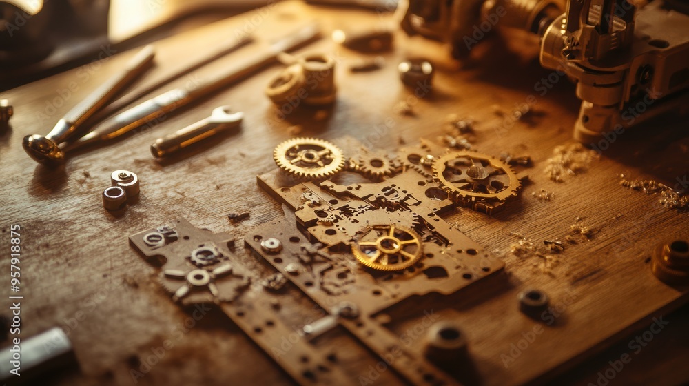 Close-up of a disassembled watch mechanism with gears and tools scattered on a wooden workbench, bathed in warm light. Close-up of a disassembled watch mechanism with gears and tools scattered on a wooden workbench, bathed in warm light.