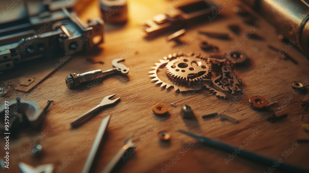 Close-up of watchmaking tools and gears on a wooden workbench, illuminated by warm light, showcasing intricate craftsmanship. Close-up of watchmaking tools and gears on a wooden workbench, illuminated by warm light, showcasing intricate craftsmanship.