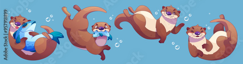 Cute otter character underwater sea illustration. Funny and happy weasel swimming in ocean isolated graphic design. Cheerful ferret drawing with fish asset collection. Waving animal mascot set