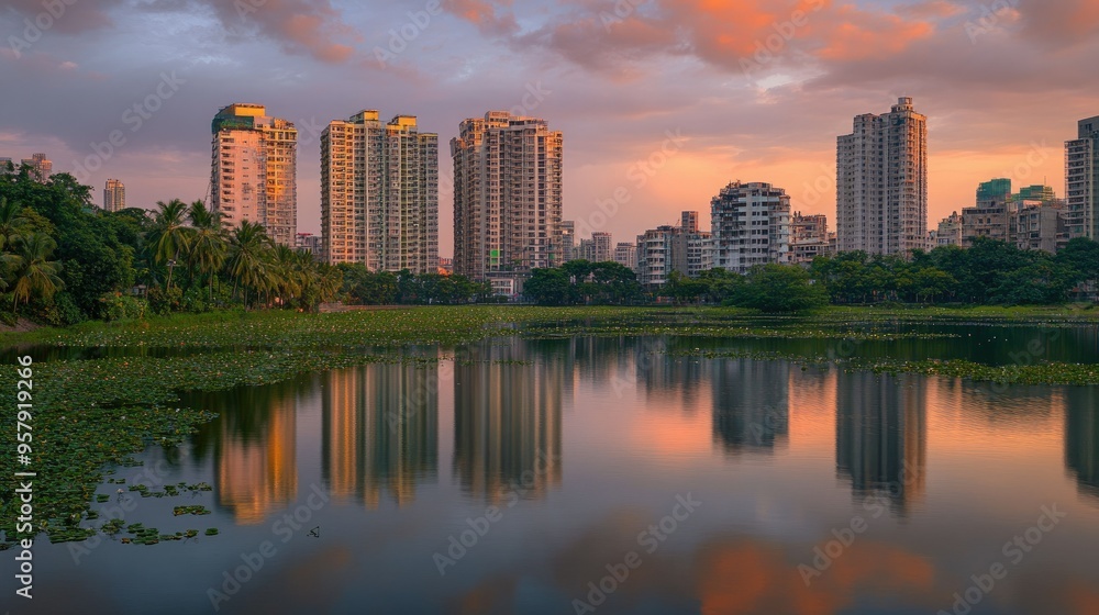 Obraz premium Sunset over the Powai Lake, with reflections of the surrounding buildings and greenery in the water.