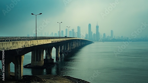 The Bandra-Worli Sea Link bridge stretching across the bay, with the Mumbai skyline in the distance. photo