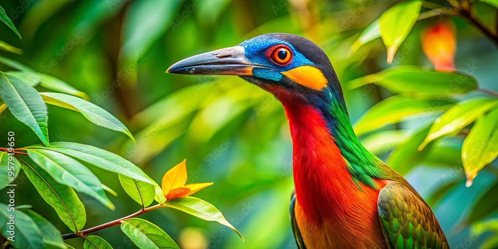 Obraz premium Close-up of a bird with a long neck perched in a vibrant tree with lush leaves
