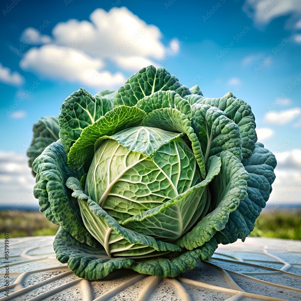 Obraz premium A crisp and detailed 3D illustration of a fresh. green cabbage against a vibrant blue sky with fluffy white clouds.