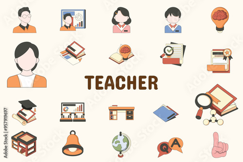 Teacher Lineal Color Vector Illustration Icon Sticker Set Design Materials