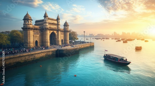 The Gateway of India in Mumbai with tourists and boats on a bright, sunny day.
