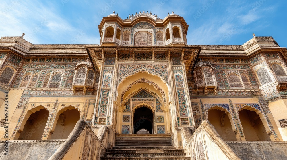 Obraz premium The grand entrance of the Amber Fort, with its ornate arches and detailed frescoes.