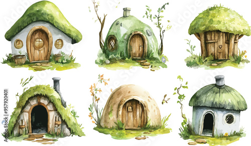 Set of Watercolor Illustrations of Different Huts in Children’s Fantasy World