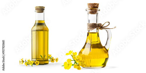 Glass Bottle of Oil with Yellow Flowers on a transparent background