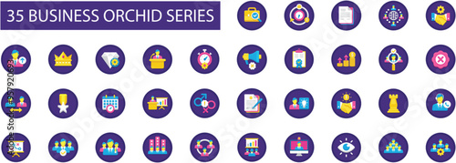 Business Orchid Series icons set. overtime, quality, service, presentation, productivity, promotion, raise, reward, seminar, teamwork, conference, workforce. Vector illustration 