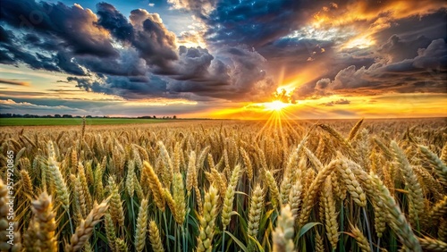 Close-up shot of lush wheat field with setting sun and dramatic sky in background