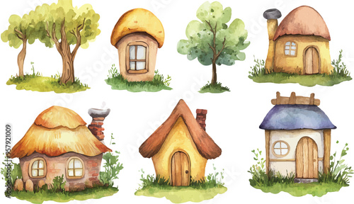 Set of Watercolor Illustrations of Different Huts in Children’s Fantasy World