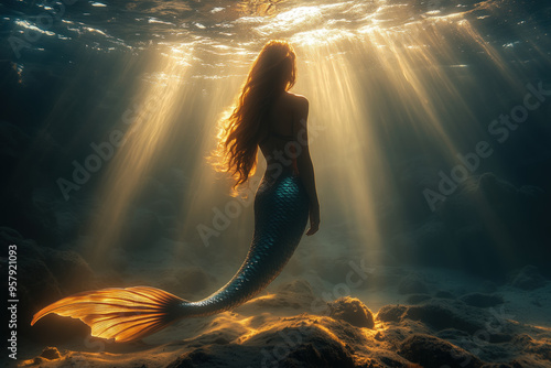 Enchanting mermaid swimming in sunlit underwater scene