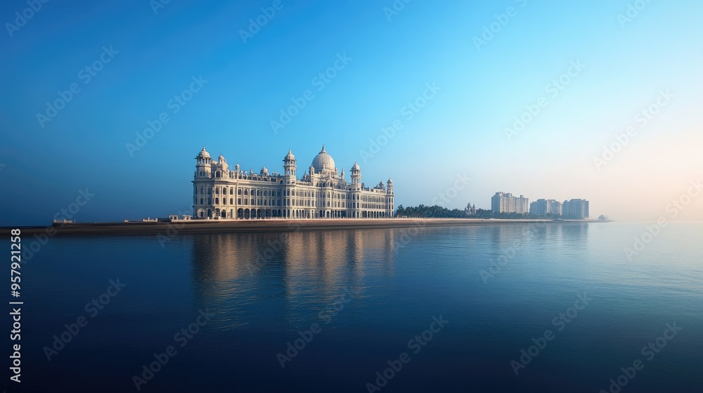 The iconic Taj Mahal Palace Hotel standing majestically by the Arabian Sea, against a clear blue sky. The iconic Taj Mahal Palace Hotel standing majestically by the Arabian Sea, against a clear blue sky.