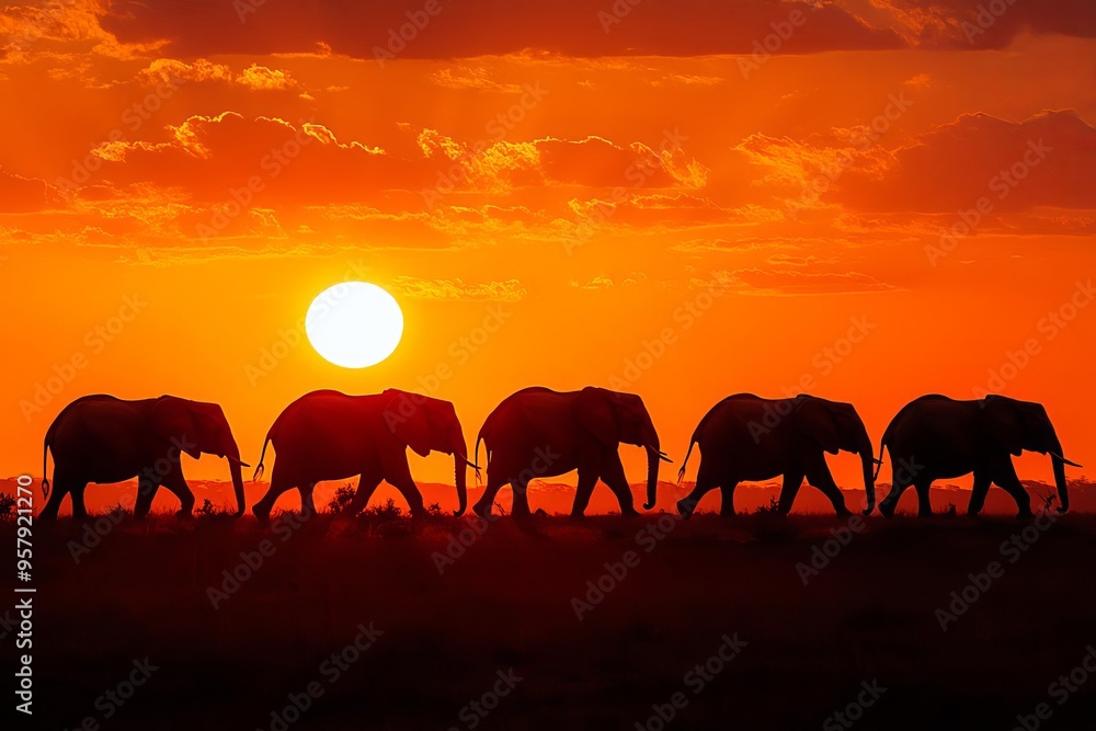 Fototapeta premium Elephants silhouetted against a deep orange sky as they march towards a waterhole at sunset, warm tones, dramatic lighting, natural light, serene setting