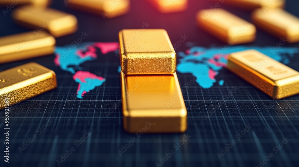 Global Finance Concept with Gold Bars on World Map, Financial Graphs, and International Trade on Dark Background with Copy Space, Selective Focus, Ultra HD Global Finance Concept with Gold Bars on World Map, Financial Graphs, and International Trade on Dark Background with Copy Space, Selective Focus, Ultra HD