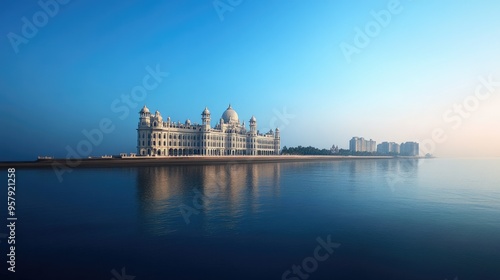 The iconic Taj Mahal Palace Hotel standing majestically by the Arabian Sea, against a clear blue sky.