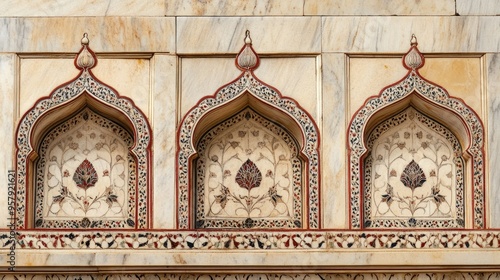 The intricate marble inlay work on the walls of the Taj Mahal, showcasing Mughal artistry and craftsmanship. photo