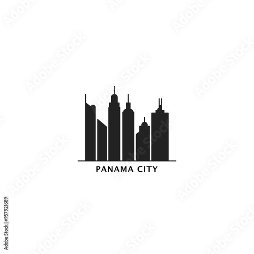 Panama City skyline city panorama vector flat modern logo, icon. Panama capital horizon emblem with landmarks and building silhouettes. Isolated graphic