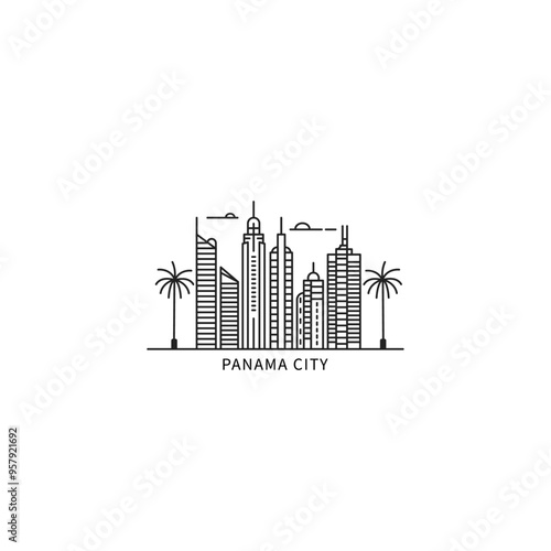 Panama City skyline city panorama vector flat modern logo, icon. Panama capital horizon emblem with landmarks and building silhouettes. Isolated thin line graphic
