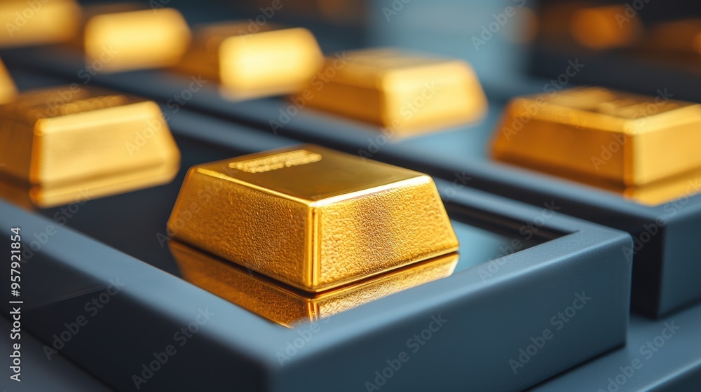 Luxurious Gold Bullion Showcase with Reflective Surfaces - Elegant Design in Ultra HD Quality with Copy Space Luxurious Gold Bullion Showcase with Reflective Surfaces - Elegant Design in Ultra HD Quality with Copy Space