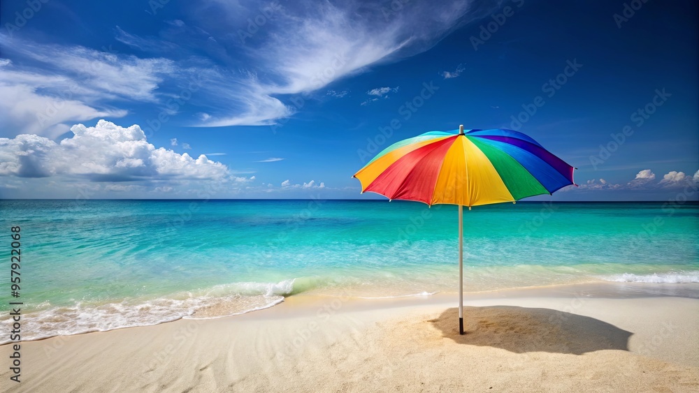 Colorful beach umbrella overlooking crystal clear ocean on a sunny day Colorful beach umbrella overlooking crystal clear ocean on a sunny day