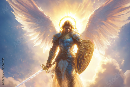 Archangel Michael with sword and shield in the sky photo