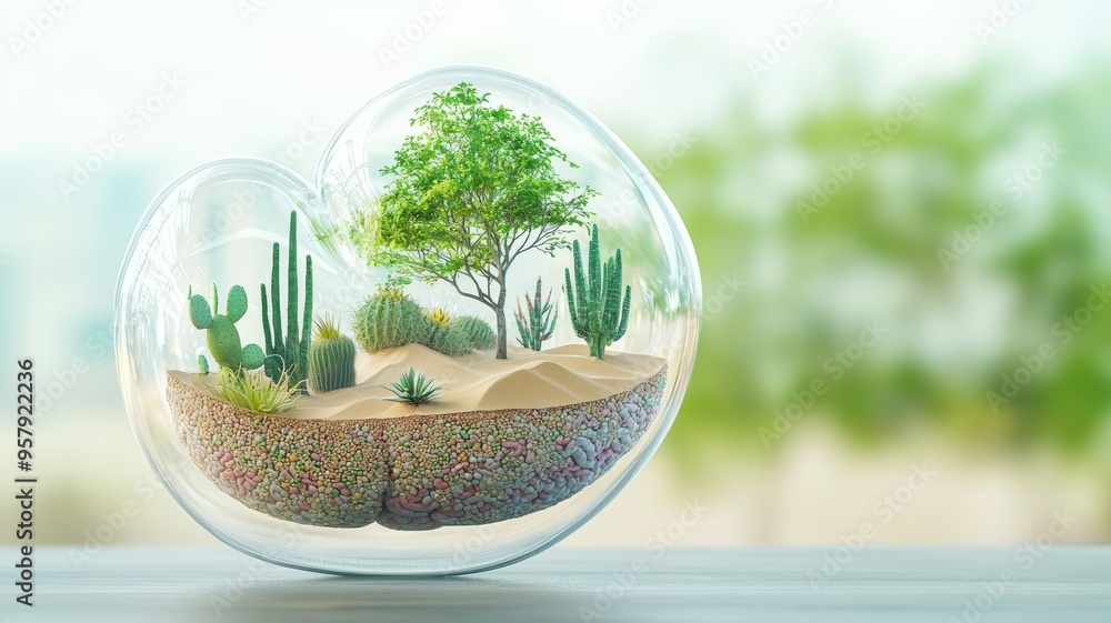 A transparent human organ with a small floating desert ecosystem, cacti and dunes within A transparent human organ with a small floating desert ecosystem, cacti and dunes within