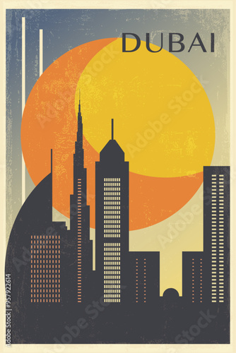 Dubai retro city poster with abstract shapes of skyline, buildings. UAE, United Arab Emirates vintage travel vector illustration, cityscape at sunrise, sunset