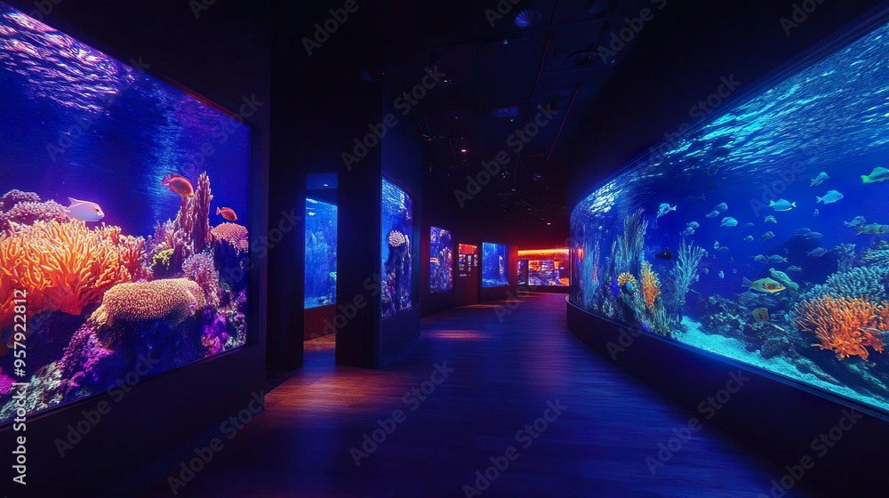 Obraz premium A tunnel aquarium with colorful fish and coral reefs