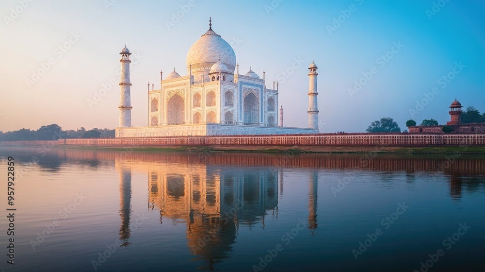 Obraz premium The majestic Taj Mahal in Agra, India, bathed in the soft glow of the sunrise, with its reflection in the Yamuna River.