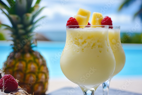 Chilled piña colada in a tropical environment