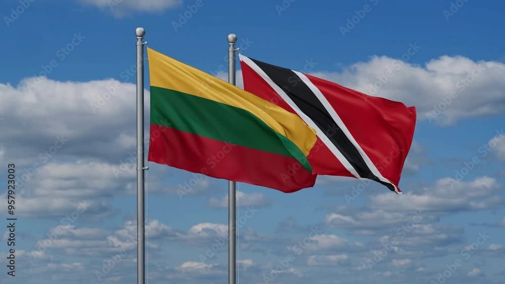 Trinidad and Tobago and Lithuania flags flying together, video concept of the relationship, two country cooperation concept Trinidad and Tobago and Lithuania flags flying together, video concept of the relationship, two country cooperation concept