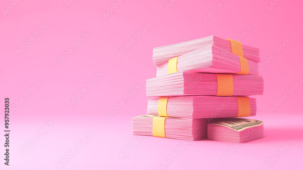 A 3D rendering of a bundle of money icon set against a clean, minimalist background. The design features a cartoon-style representation of the money bundle, with simple yet bold lines and a vibrant co A 3D rendering of a bundle of money icon set against a clean, minimalist background. The design features a cartoon-style representation of the money bundle, with simple yet bold lines and a vibrant co