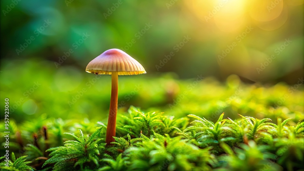 Close-up of a tiny mushroom sitting on lush green moss-covered ground Close-up of a tiny mushroom sitting on lush green moss-covered ground