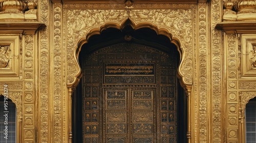 The ornate entrance of the Golden Temple in Amritsar, with its detailed gold leaf work.