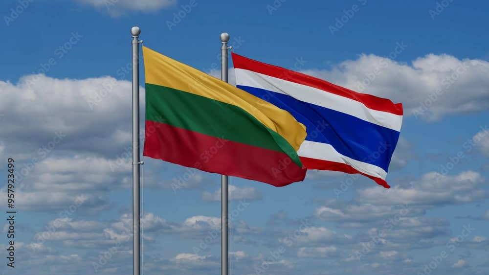 Kingdom of Thailand and Lithuania flags flying together, video concept of the relationship, two country cooperation concept Kingdom of Thailand and Lithuania flags flying together, video concept of the relationship, two country cooperation concept
