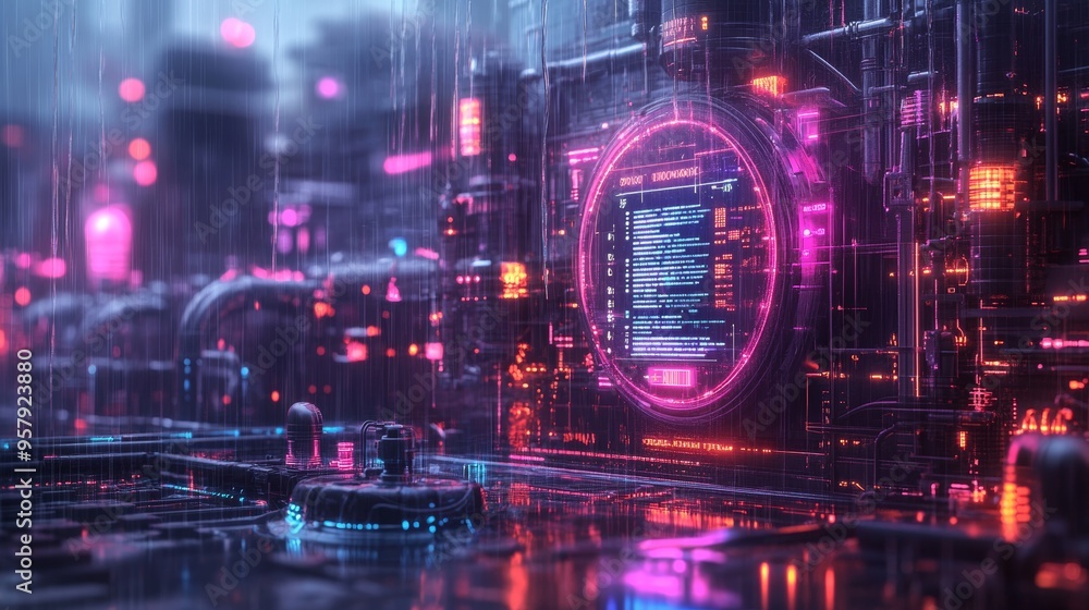 3D illustration of a rainwater harvesting system with a smart water meter showing usage stats, surrounded by digital rain effects, cyberpunk style, glowing tech elements, dark purple and neon blue. 3D illustration of a rainwater harvesting system with a smart water meter showing usage stats, surrounded by digital rain effects, cyberpunk style, glowing tech elements, dark purple and neon blue.