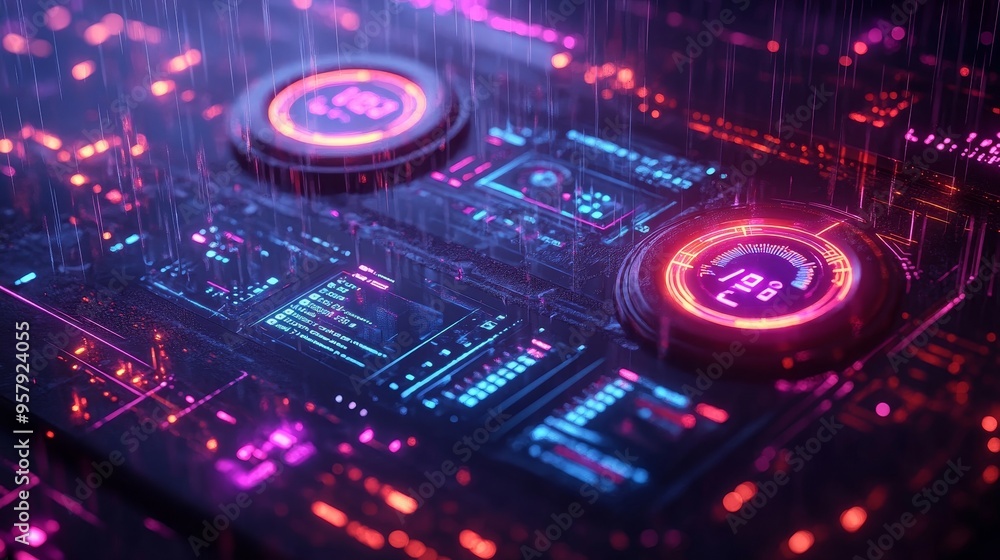 3D illustration of a rainwater harvesting system with a smart water meter showing usage stats, surrounded by digital rain effects, cyberpunk style, glowing tech elements, dark purple and neon blue. 3D illustration of a rainwater harvesting system with a smart water meter showing usage stats, surrounded by digital rain effects, cyberpunk style, glowing tech elements, dark purple and neon blue.