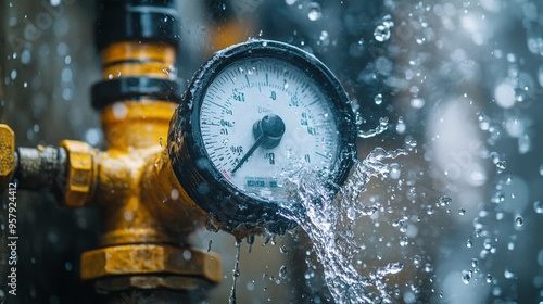 A close-up of a burst pipe beside a water meter, water exploding out with force, the pressure gauge showing critical levels, water droplets flying through the air photo