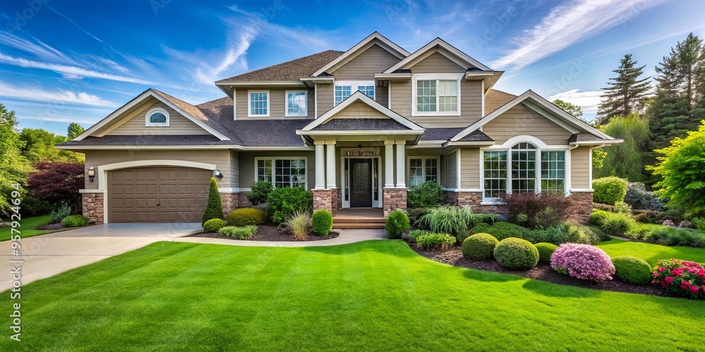 A beautiful house with a lush green lawn, leading up to the front entrance A beautiful house with a lush green lawn, leading up to the front entrance