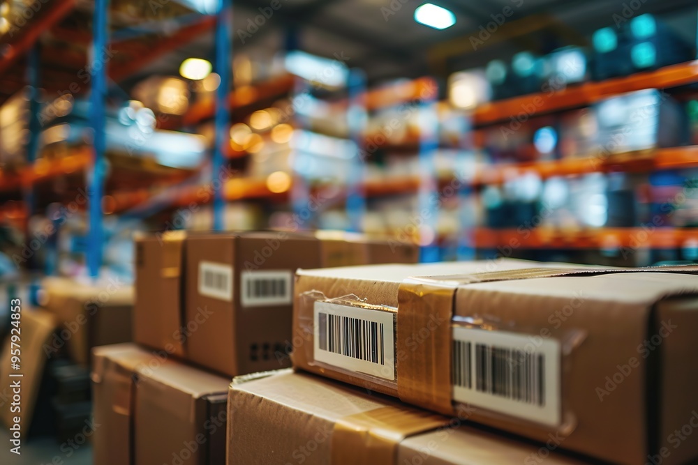 Close-up of barcoded packages in warehouse Close-up of barcoded packages in warehouse