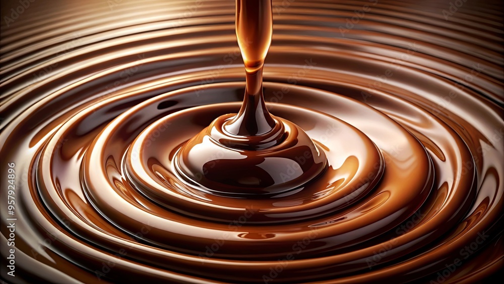 A mesmerizing image of a viscous stream of dark melted chocolate flowing into a rich liquid pool A mesmerizing image of a viscous stream of dark melted chocolate flowing into a rich liquid pool