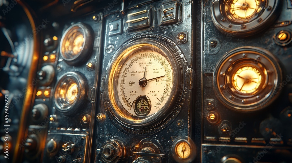 A detailed water gauge with clear markings, surrounded by complex dials and gauges, all with a retro-steampunk aesthetic and warm lighting A detailed water gauge with clear markings, surrounded by complex dials and gauges, all with a retro-steampunk aesthetic and warm lighting