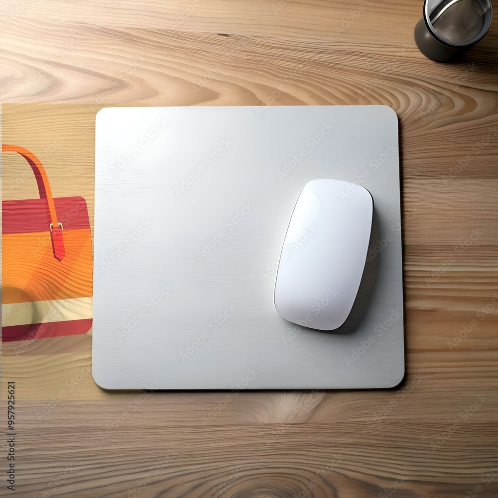 A clean and minimalist workspace featuring a white computer mouse on a silver mousepad. set against a warm wooden desk. A clean and minimalist workspace featuring a white computer mouse on a silver mousepad. set against a warm wooden desk.