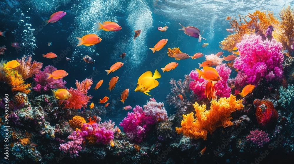 A birds-eye view of a vibrant coral reef bustling with colorful fish A birds-eye view of a vibrant coral reef bustling with colorful fish