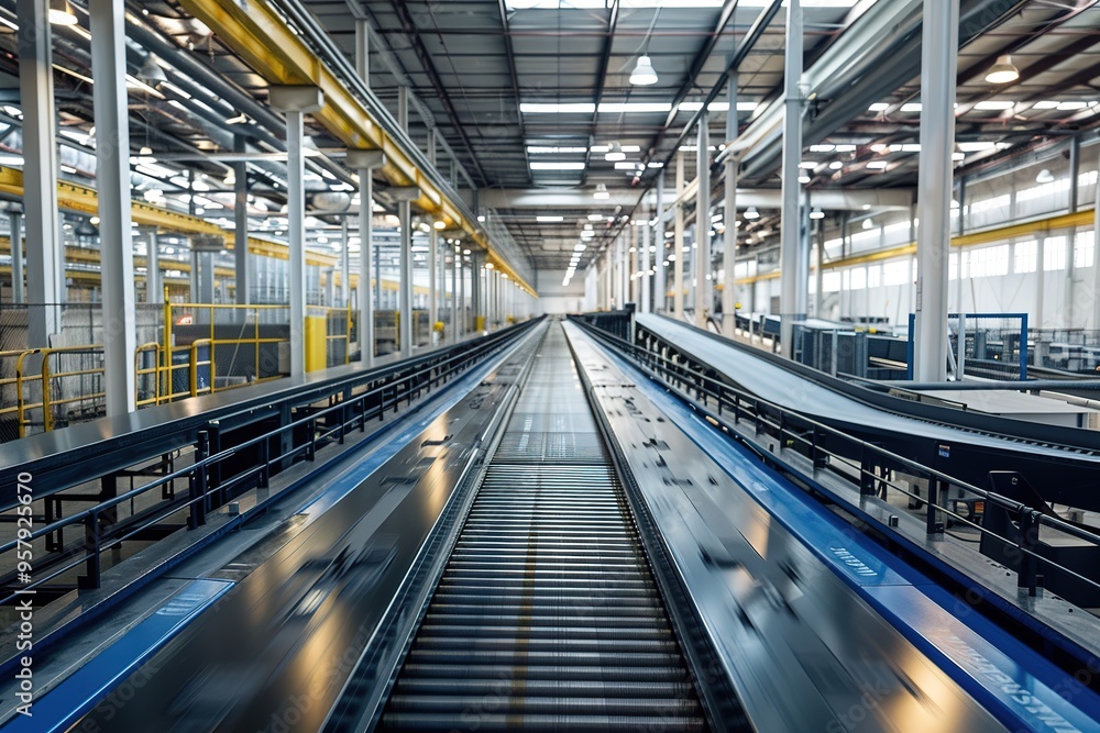 Modern conveyor belts in a large industrial factory hall. Modern conveyor belts in a large industrial factory hall.